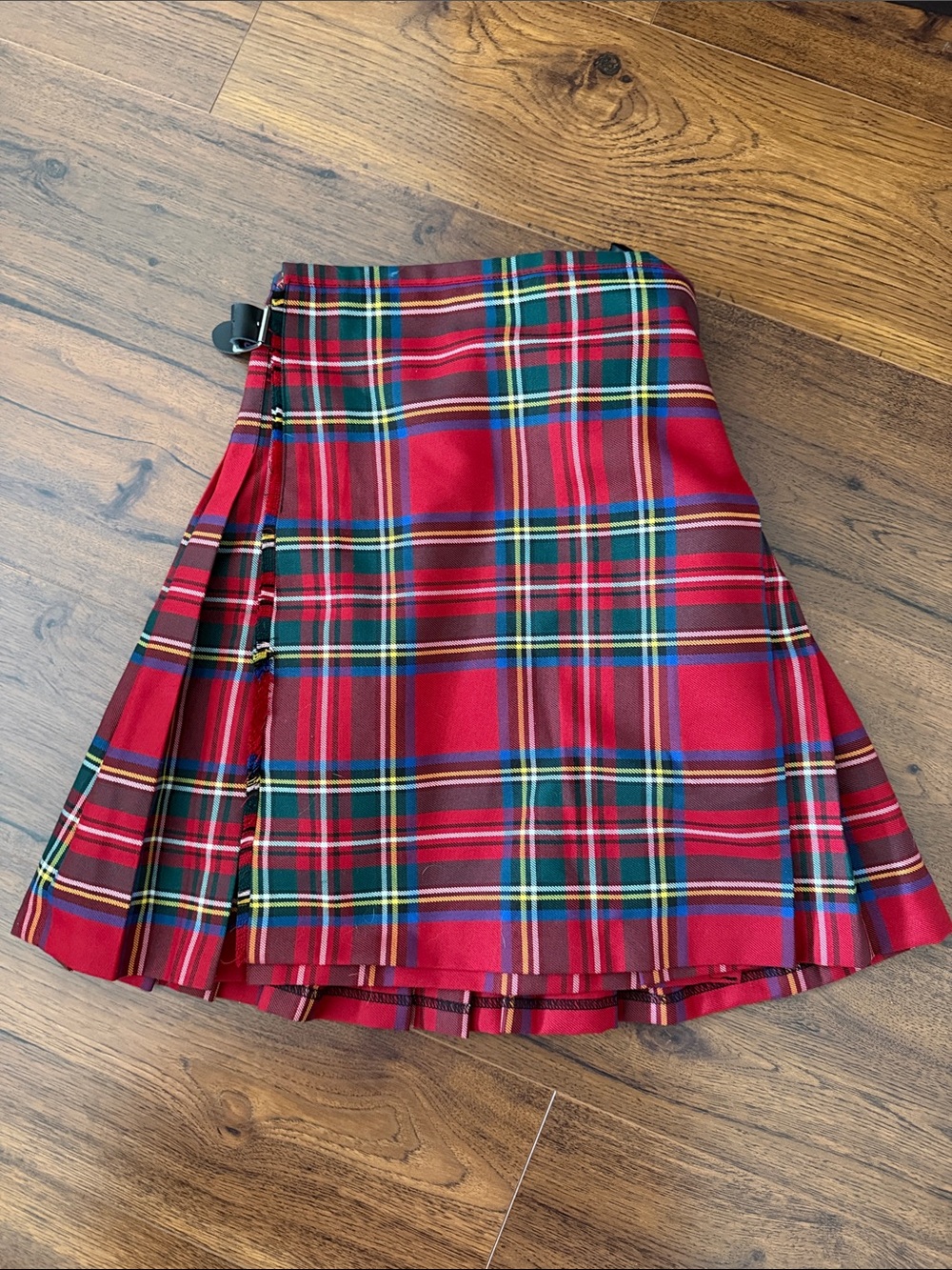 Red Tartan Pleated Skirt with Side Buckle
